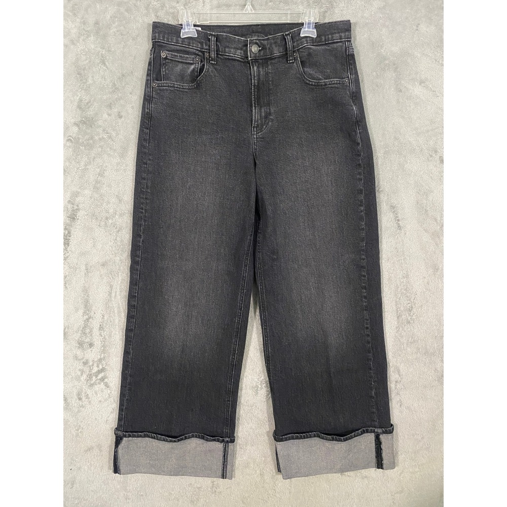 Gap Jeans Sz 12R Black High Rise Stride Wide Leg Cuffed Stretch Denim Streetwear
